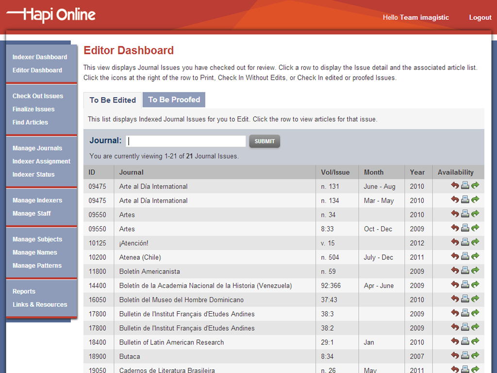 Hispanic American Periodicals Index - Editor Dashboard